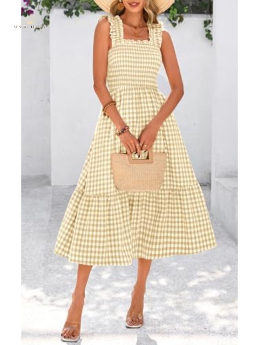 Women's Summer Midi Dress Ruffle Strap Square Neck Gingham Sundress - Picture 4 of 6